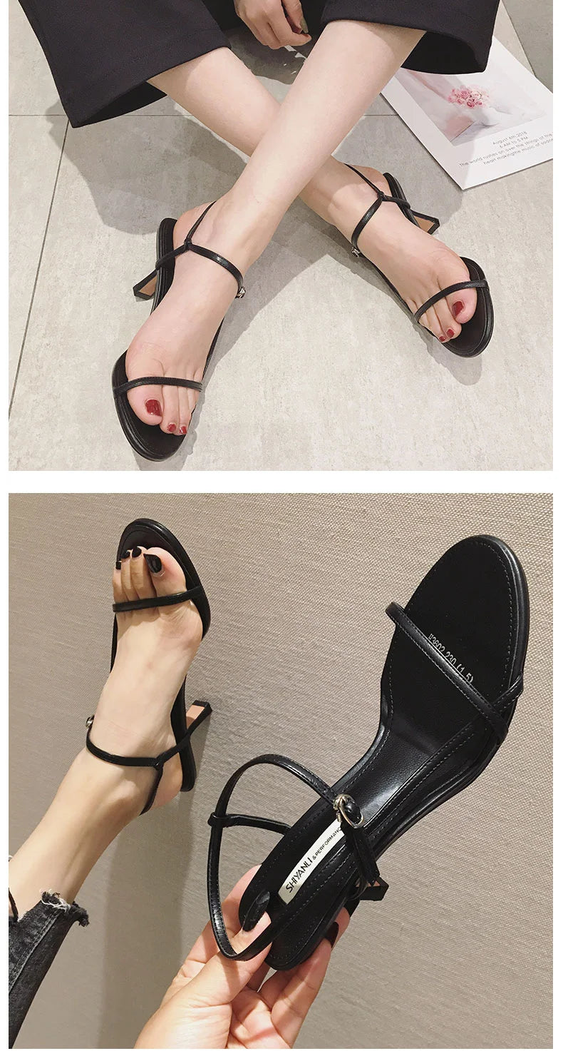 Sandals for Women 2026 Summer New Versatile Slim Heel High-heeled Shoes with A Single Buckle and Exposed Toe Black Sandals Woman